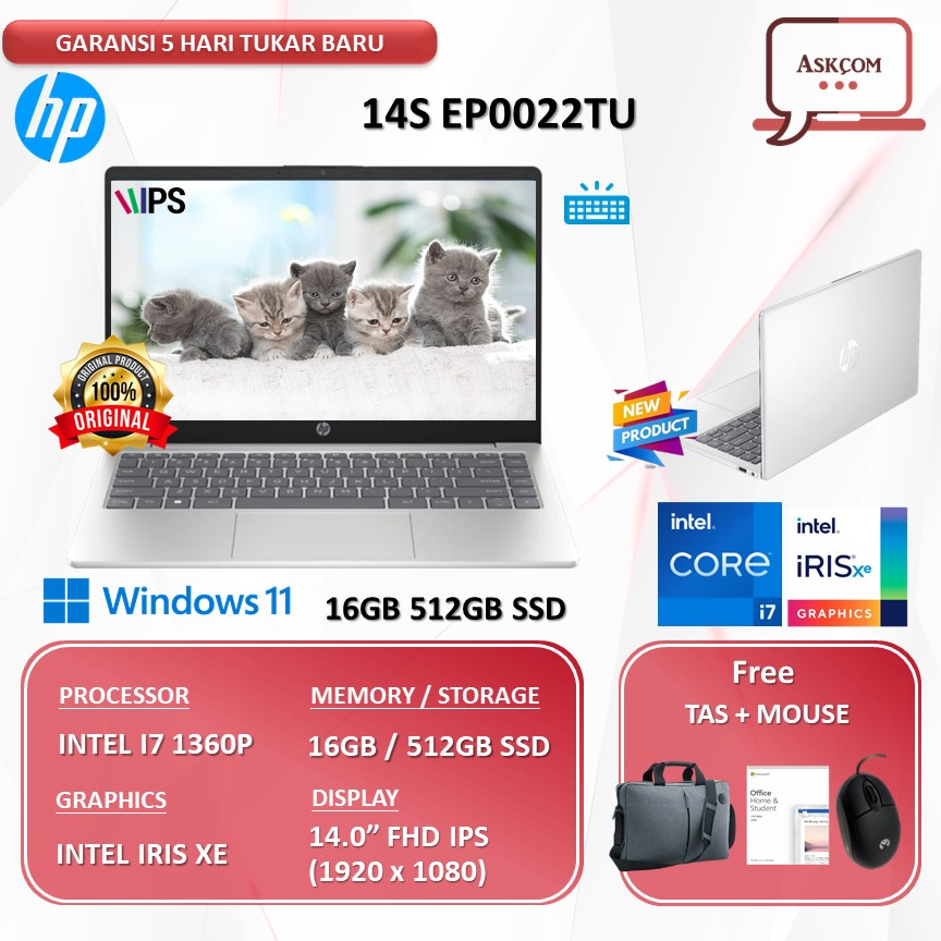 Laptop HP 14s EP0022TU I7 1360P 16GB 512GB SSD IRISXE W11 OHS2021 14.0 FHD IPS BLIT