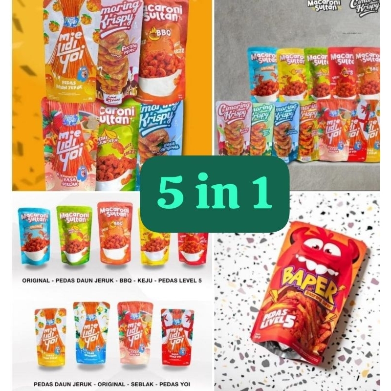 

Paket Komplit 5 in 1 (isi 20 pcs) Baper, mie lidi, Seblak, macaroni sultan, Keripik Tempe cekelin.