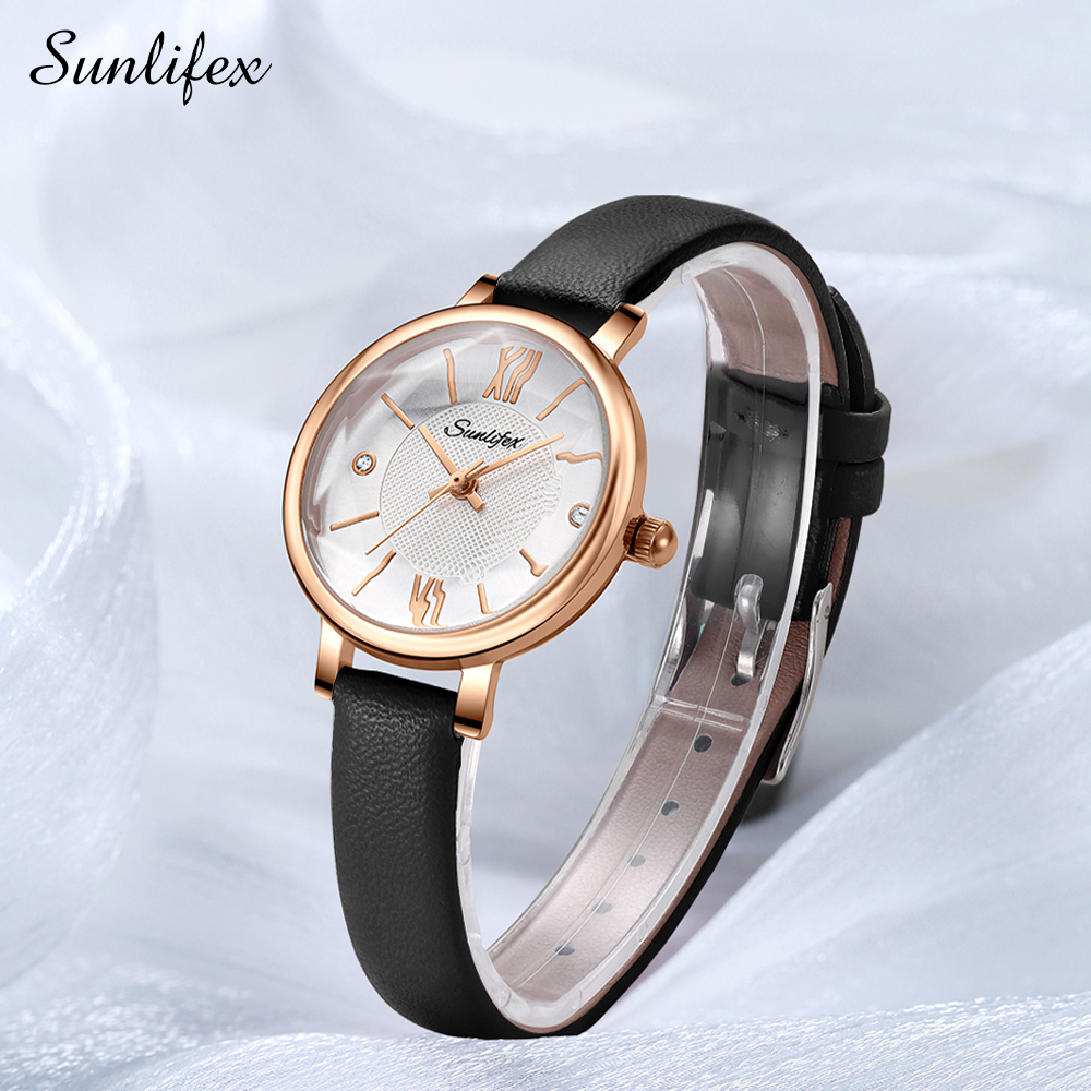 SUNLIFEX Jam Tangan Wanita Original Round Simple Dial Display Jam Tangan Wanta Analog Anti Air Kuarsa Tali Kulit Jam Tangan Cewek