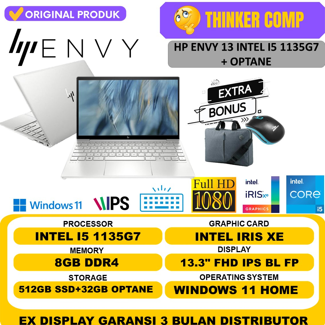 Laptop HP ENVY 13 i5 Gen 11 Intel Evo 8GB 512GB FHD IPS Backligt Windows 11 Original