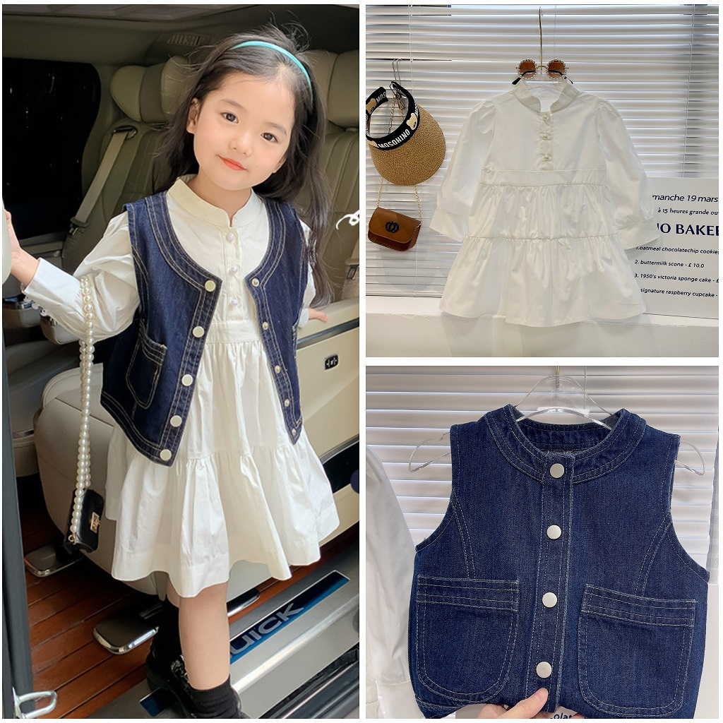 DR2-Dress Anak Perempuan Pure White + Rompi Jeans