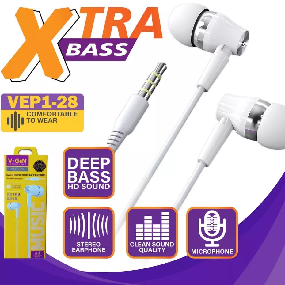 Earphone Headset  V-GEN VEP1-28 Wired Earphone Xtra Bass Hansfree Vep1 28 VGEN