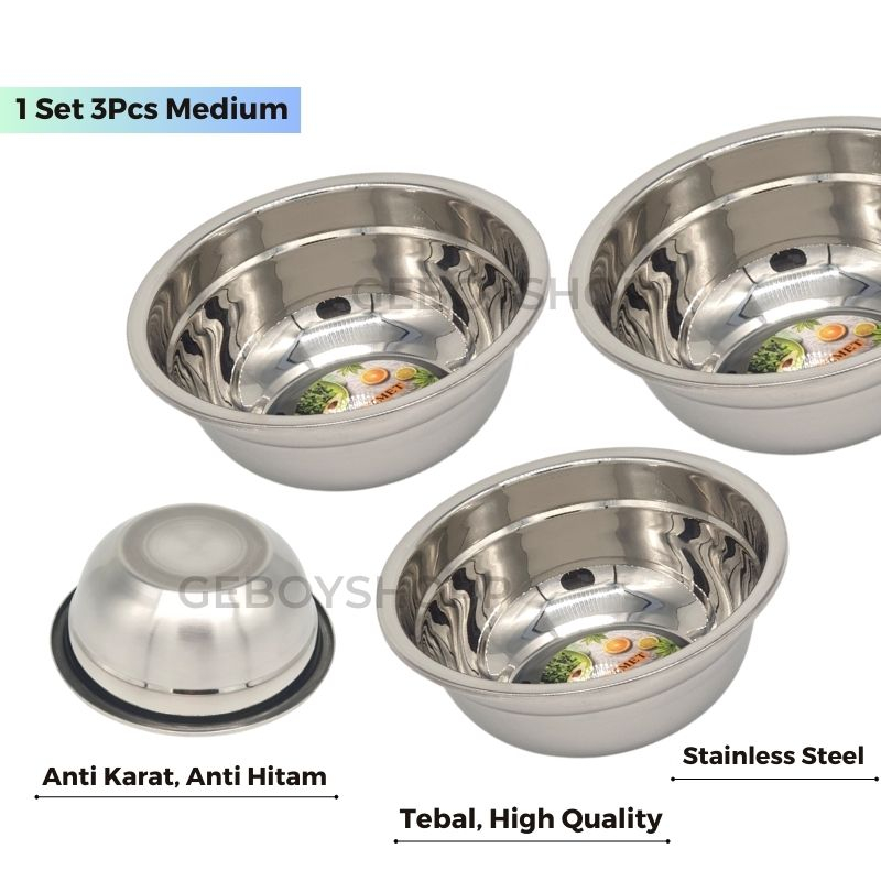 Baskom Stainless / Baskom  / Mixing Bowl Serbaguna Stainless Premium High Quality Anti Karat 1Set Medium 3Pcs