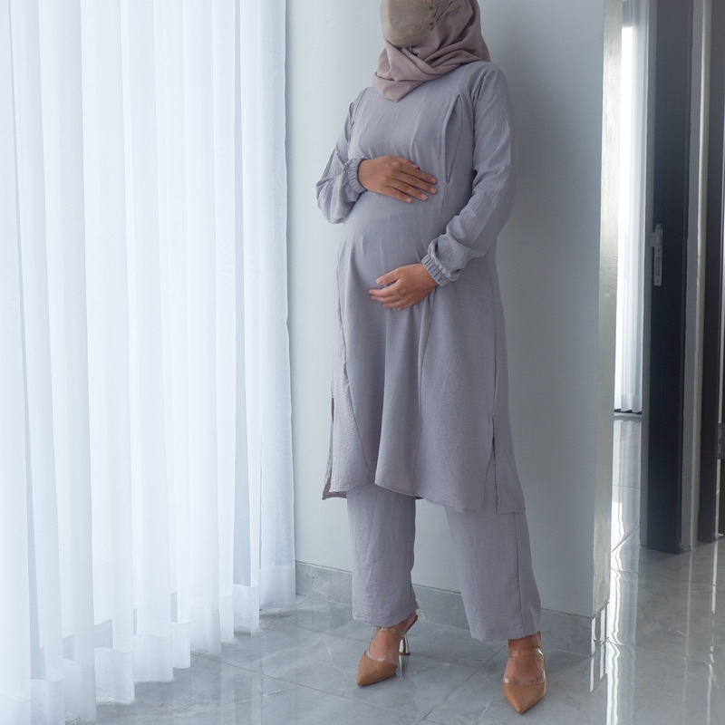 Baju Setelan Menyusui Bukaan Samping Kanan Kiri Bahan Airflow Crinkle BUSUI Adira One Set