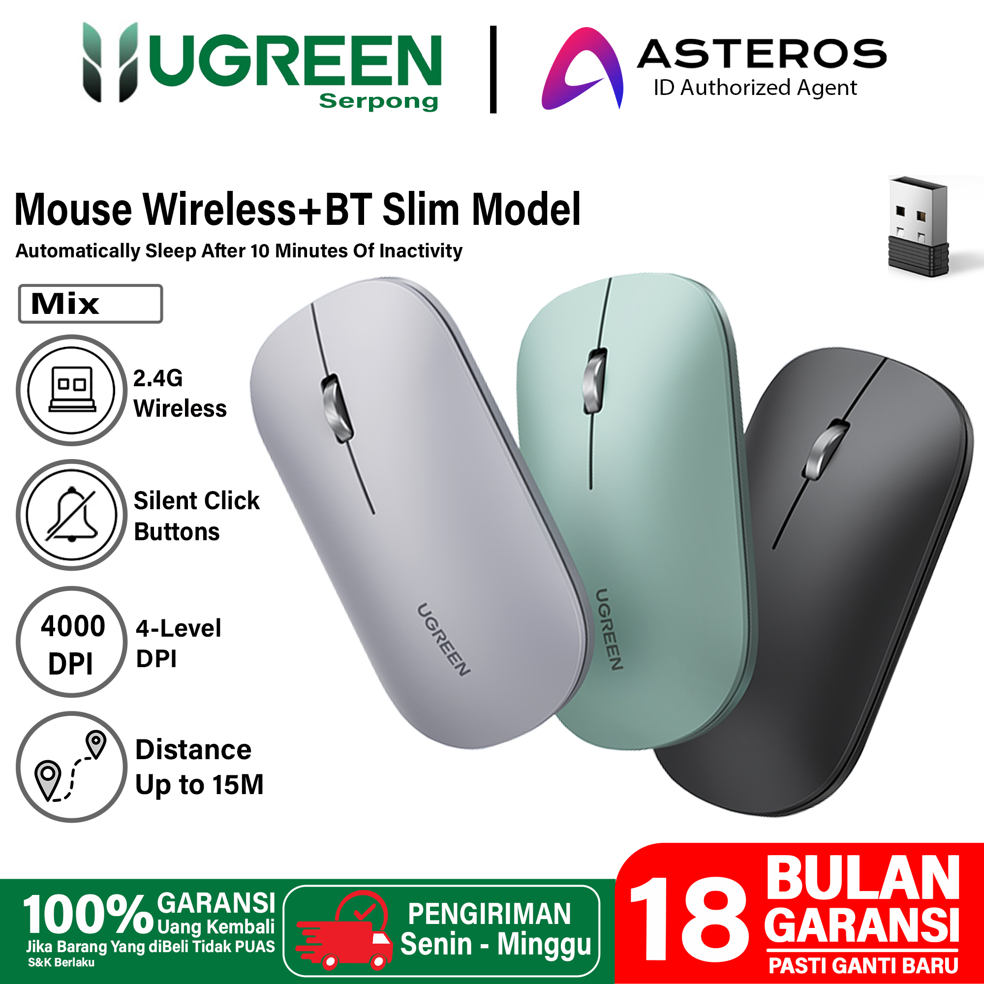 Mouse UGREEN Silent Klik Dual Koneksi Bluetooth + Donggle For Komputer Laptop Etc