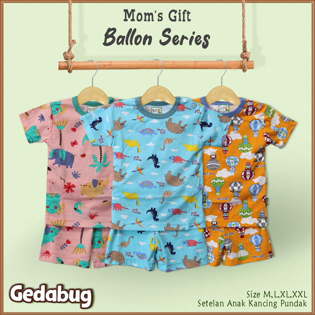 3 Setel - Setelan Kaos Anak Mom's Gift Ballon PENDEK | Setelan Baju bermain Anak Moms Gift | Gedabug