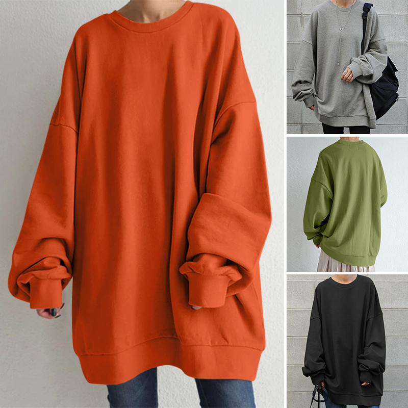 ZANZEA Women Casual O Neck Long Sleeve Solid Color All-match Midi Sweatshirt