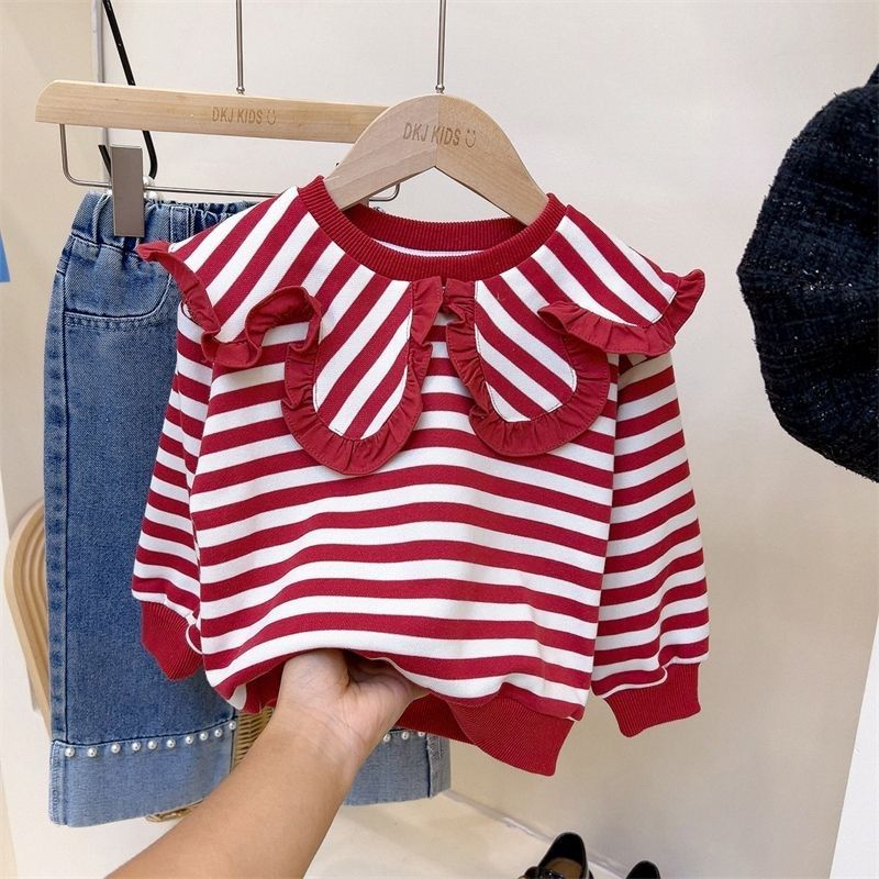 Setelan Sweatshirt Anak Perempuan Motif Strip Merah Celana Panjang Mutiara 8