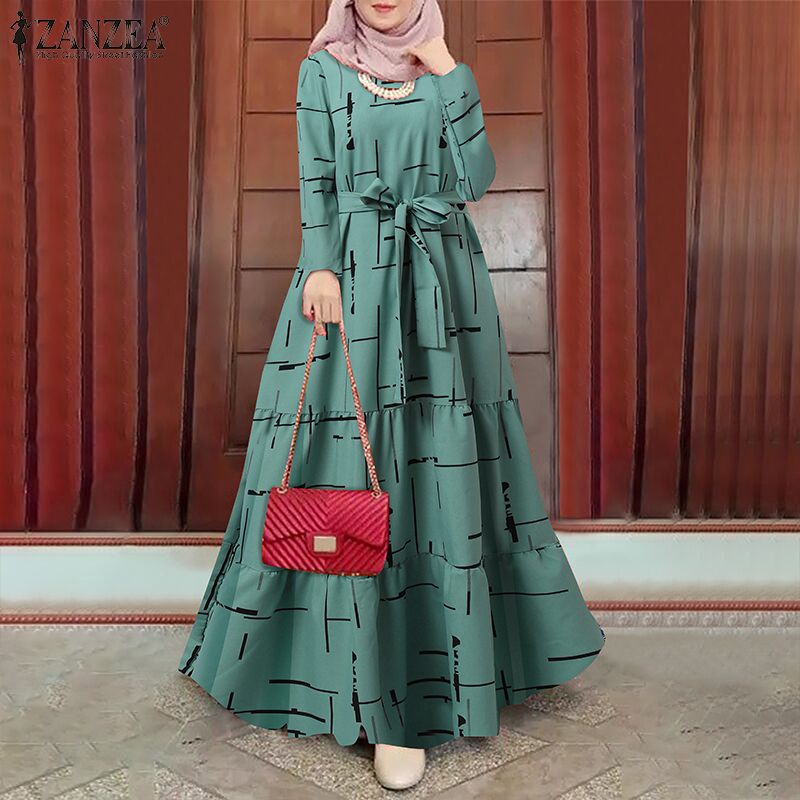 ZANZEA Women Muslim Elegant Print Belt Back Neck Button No Pocket Long Dress