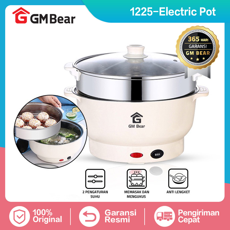 GM BEAR PANCI LISTRIK PLUS KUKUSAN STAINLESS SERBAGUNA  2in1 1225 ELEKTRIC COOKING POT