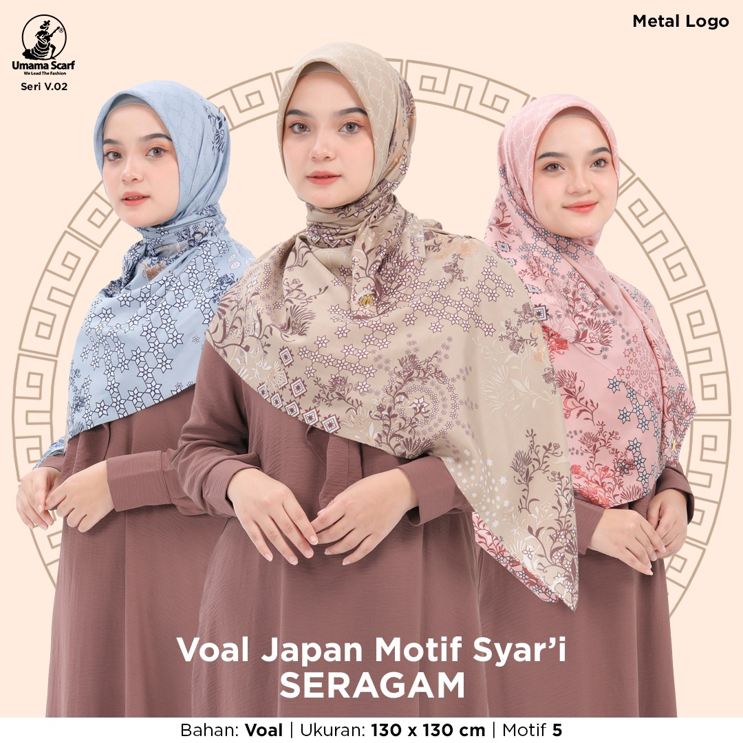 JILBAB SEGIEMPAT SYARI - VOAL JAPAN Motif UMAMA SCRAF 130CM X 130CM - METAL LOGO HIJAB SYAR'I