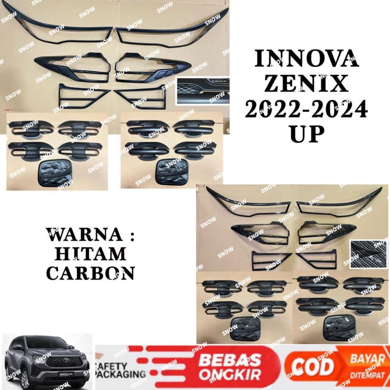 Paket Garnish Lampu Depan Belakang Outer Handle Tank Cover Innova Zenix Tipe G V Q 2022 2023 2024 Full Hitam Carbon