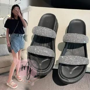 Sandal Wedges Wanita Selop Ban 2 Fashion Kekinian Import Sandal Pesta blink diamond