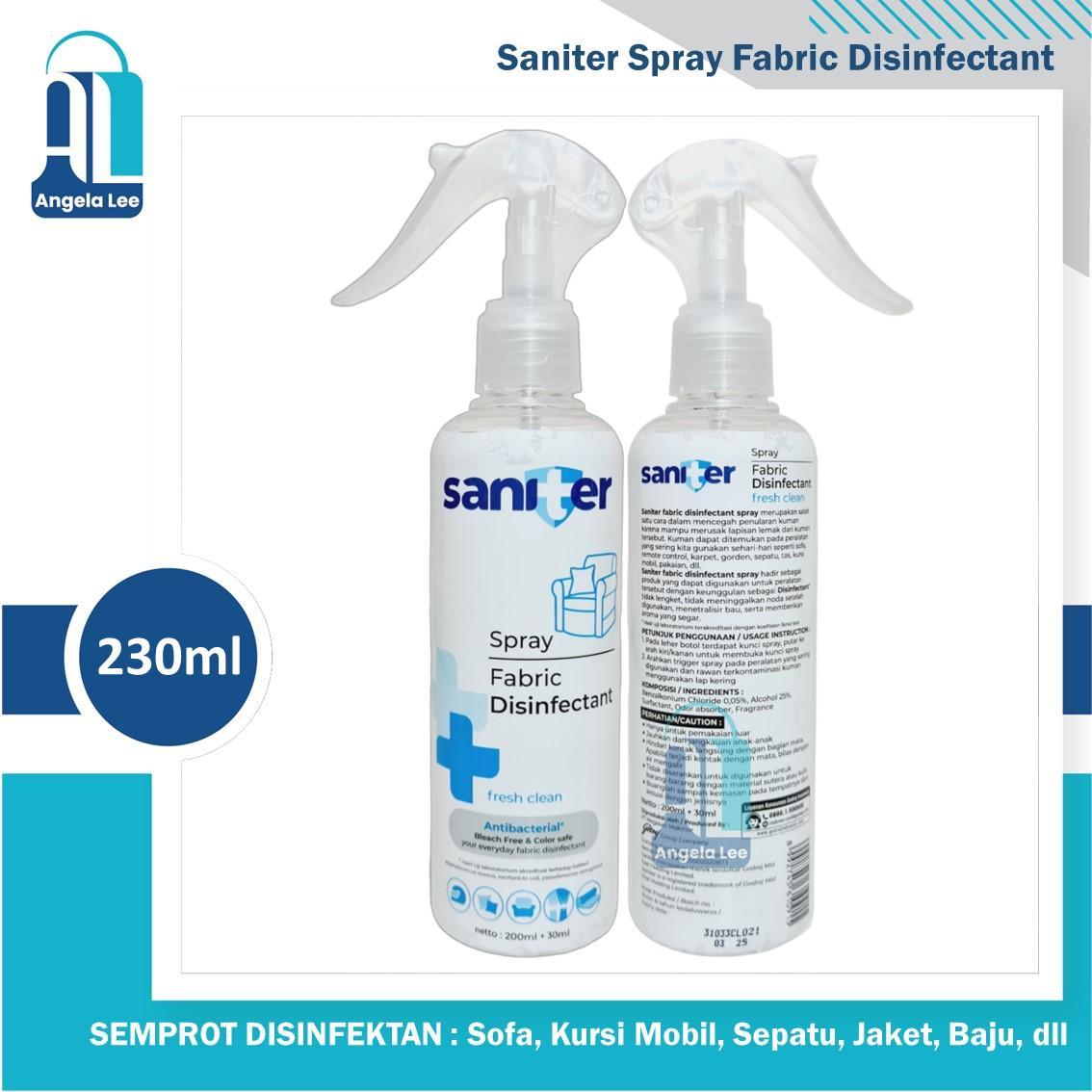 Saniter Spray Fabric Disinfectant 200+30ml Fresh Clean Semprot Barang Sofa Kursi Mobil