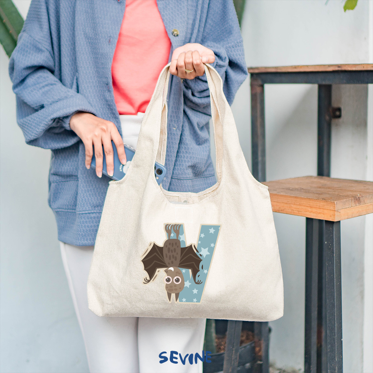 Sevine Tote Bag Kanvas Bonnie Tas Wanita Aesthetic Kuliah Fashion Laptop Sekolah Totebag Vintage Alphabet Series - XR