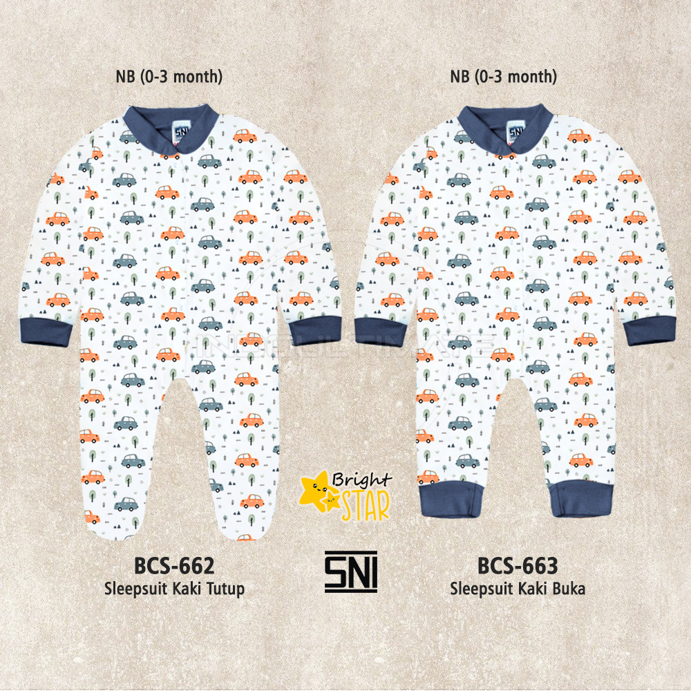 Sleepsuit BCS-663 Jumpsuit Panjang Kaki Buka Piyama Newborn Full Print Jumper Bayi Baju Panjang Bayi Katun Model Terbaru 2023 Baju Tidur Panjang Kaki Buka Murah Kualitas Terbaik