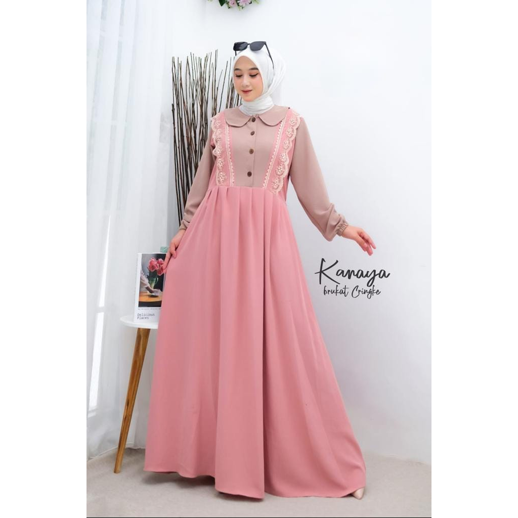 [COD] Kanaya Dress | gamis cringkle variasi renda Gamis Best Seller