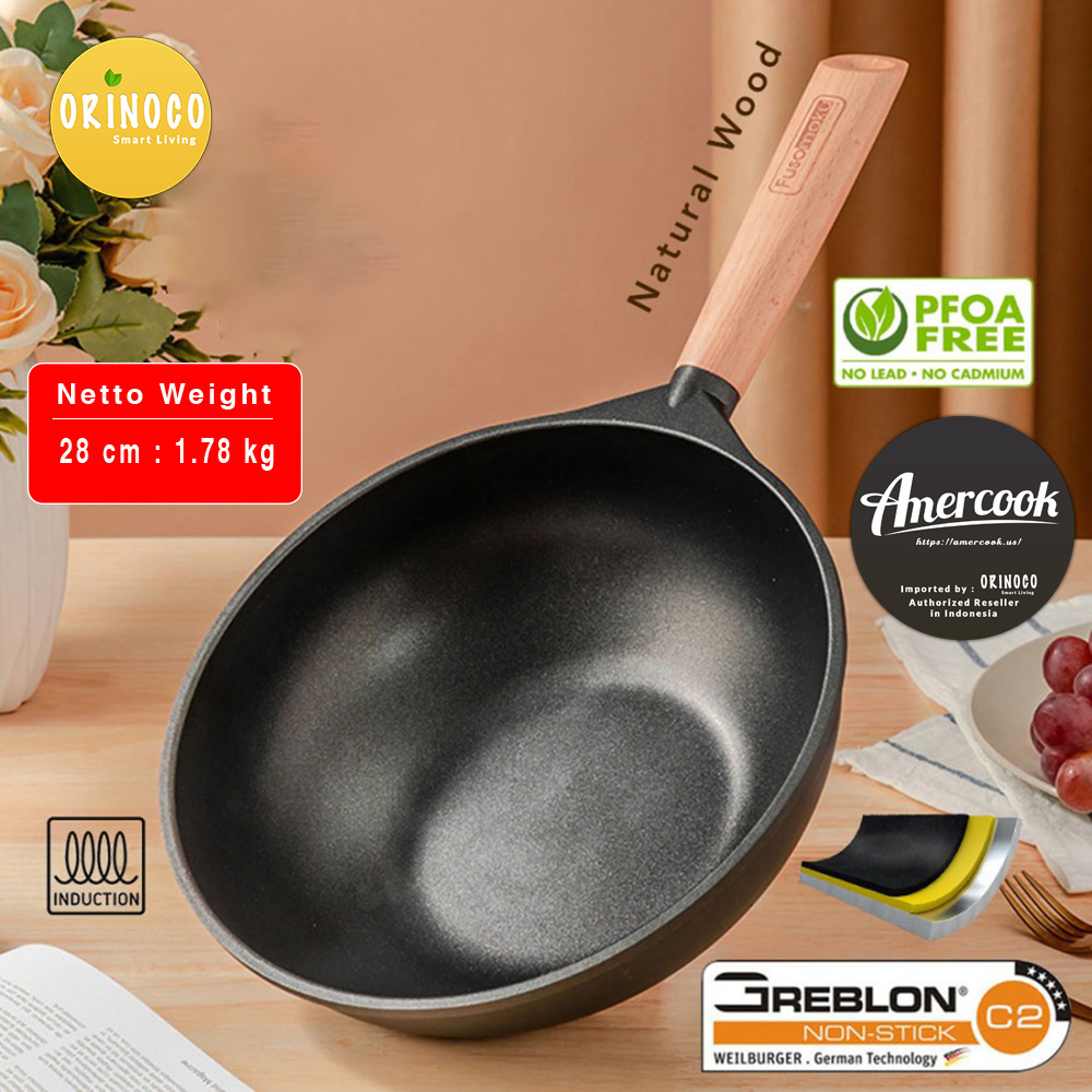AMERCOOK Fusomoku Wok Pan Pegangan Kayu - Greblon C2 Non-stick