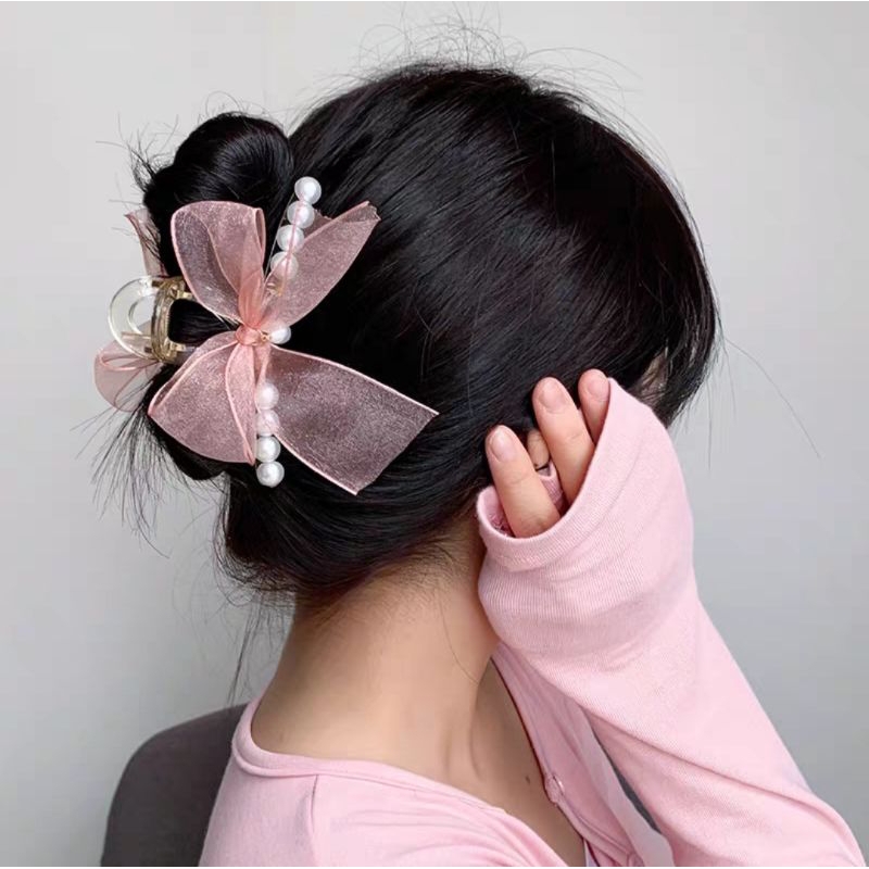 Jepit Rambut Pita Transparan Mutiara JUMBO 11cm Jepitan Rambut Salon Korea Jedai Impor Ribbon Pearl Hair Claw Clip