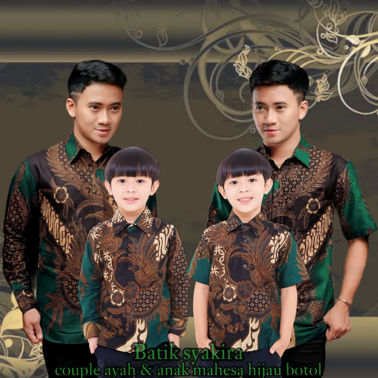 BAJU BATIK COUPLE AYAH ANAK LENGAN PENDEK, BAJU BATIK PRIA MAHESA HIJAU, BAJU ANAK COWOK COUPLE AYAH