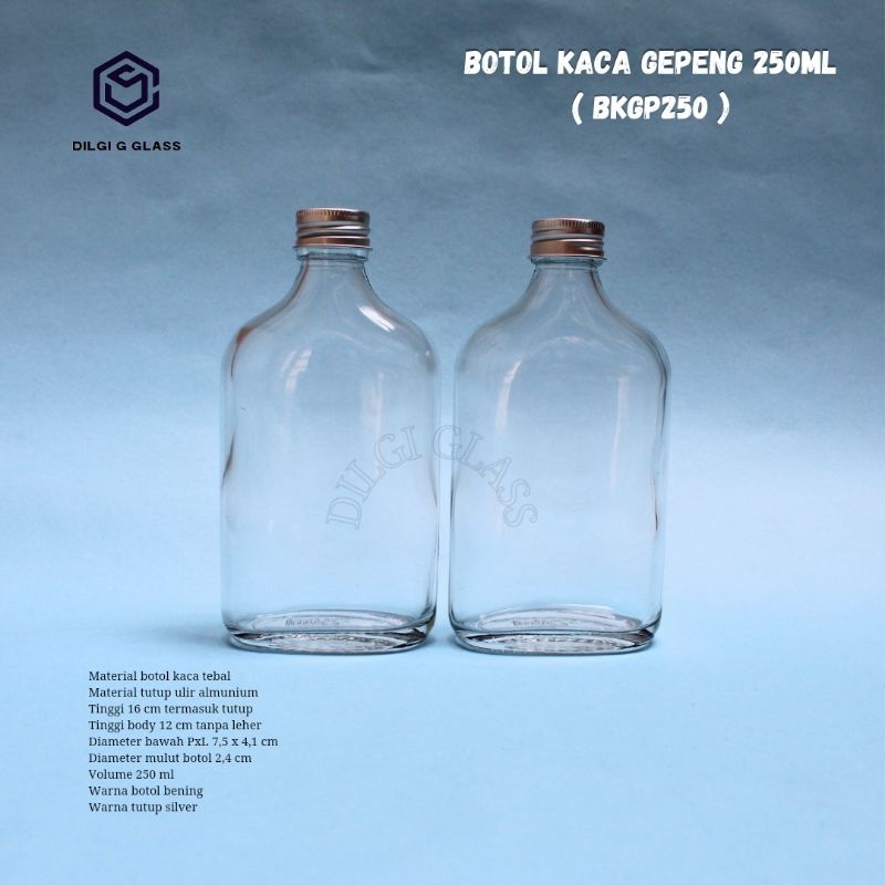 BKGP250 botol kaca gepeng 250ml tutup almunium / botol kaca 250ml baru