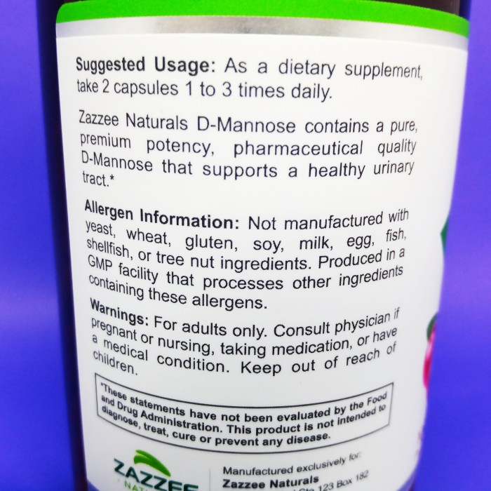 Zazzee Natural D-Mannose 1000 mg 180 VCaps Healthy Urinary Tract UTI