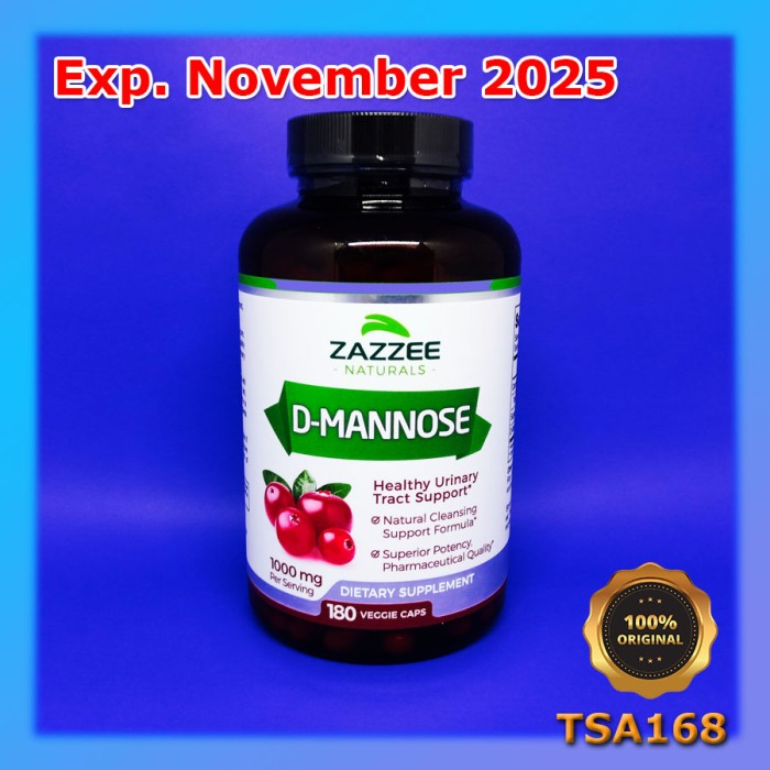 Zazzee Natural D-Mannose 1000 mg 180 VCaps Healthy Urinary Tract UTI