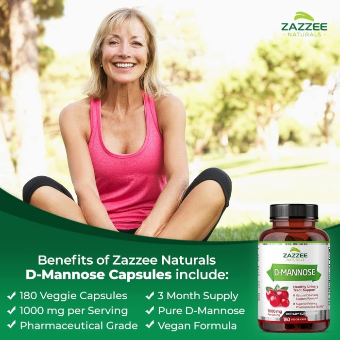 Zazzee Natural D-Mannose 1000 mg 180 VCaps Healthy Urinary Tract UTI