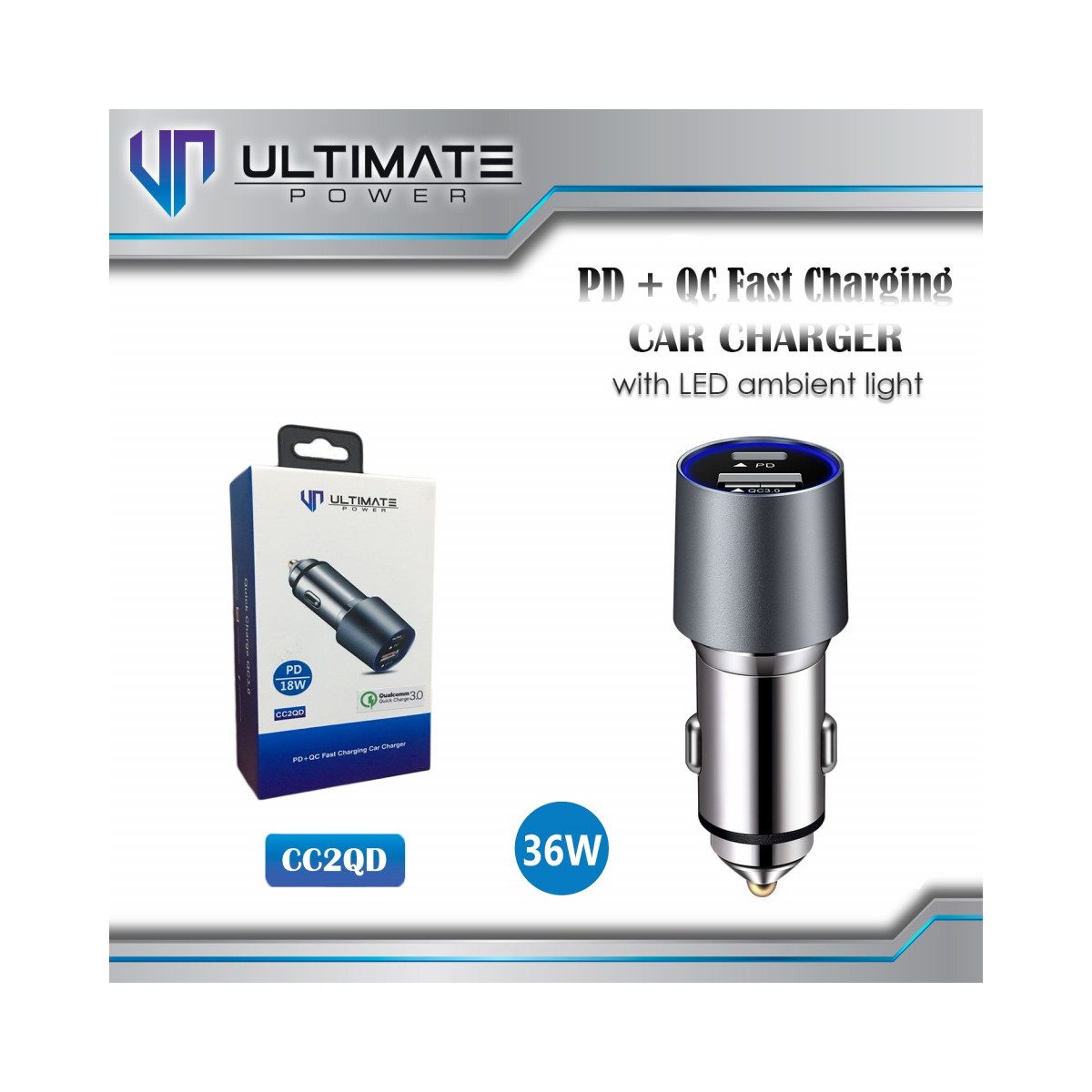 Ultimate Power Car Charger Mobil 36w PD+QC Fast Charging Car Charger with LED Ambient Light