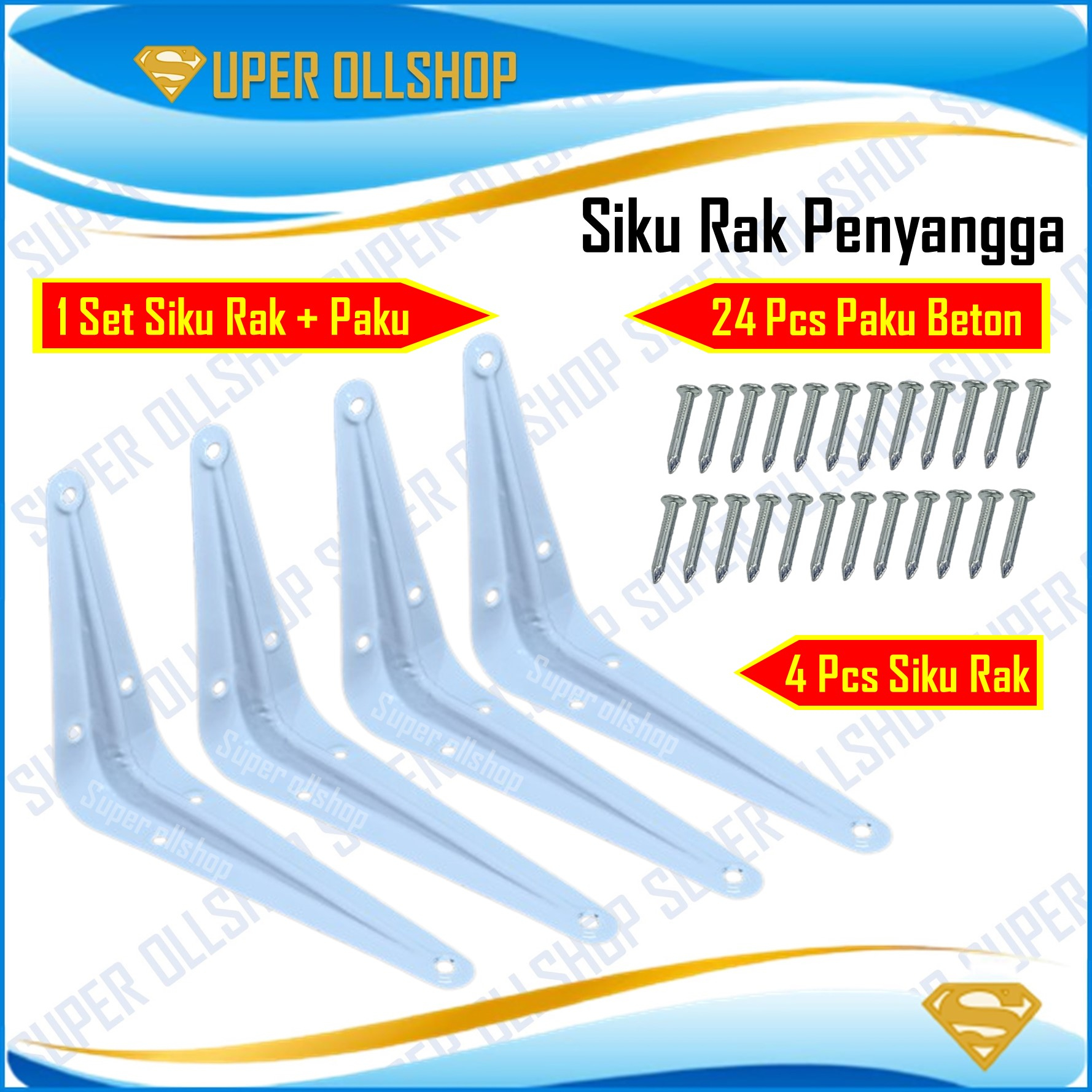 4 Pcs Braket Siku Rak Dinding L Penyangga Breket Shelf Bracket / Rak Dekorasi Ruangan 1 Set 4 Pcs Siku Rak 24 Pcs Paku Beton