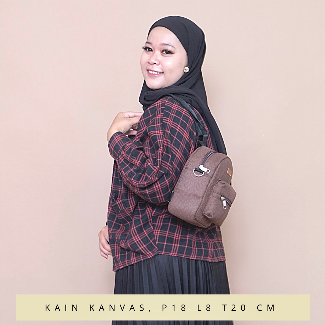 Tas ransel wanita mini kecil kanvas motif garis garis salur tali punggung webing warna warni murah
