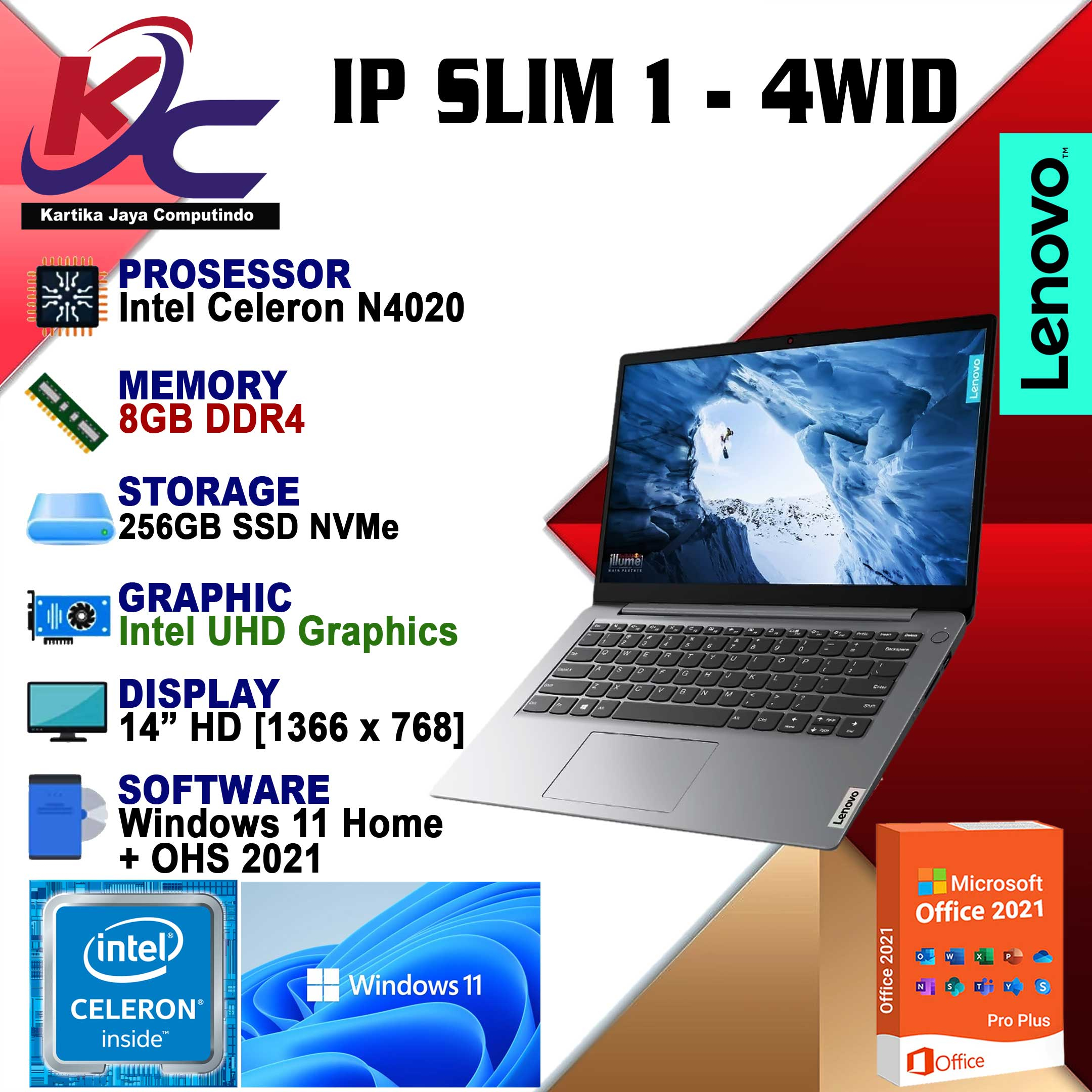 LENOVO IP 1 - 4WID / INTEL N4020 / RAM 8GB/ SSD256 / WINDOWS 11+OHS 21 MURAH