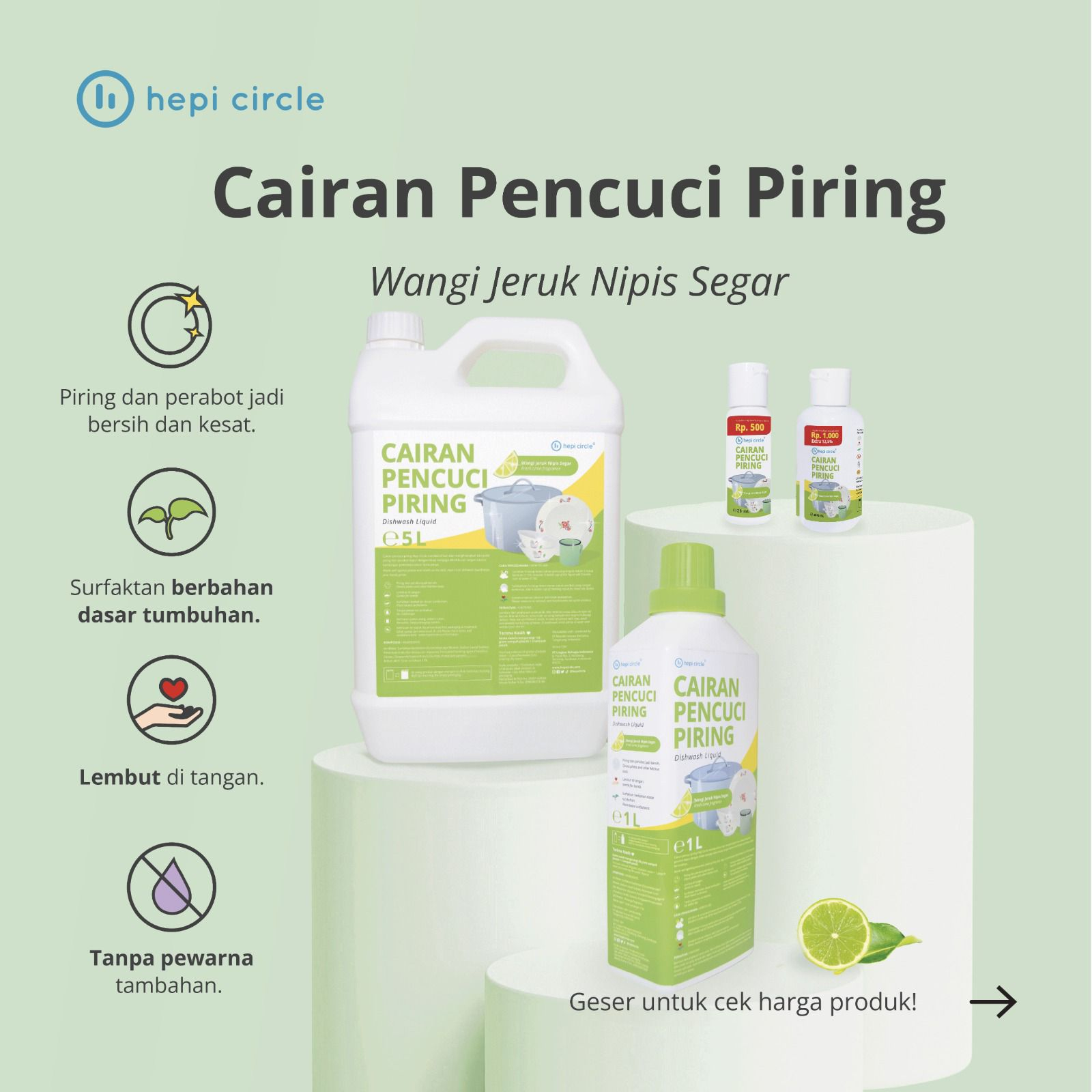 Hepi Circle Cairan Pencuci Piring Wangi Jeruk Nipis 40+5 mL - Kemasan + Isi