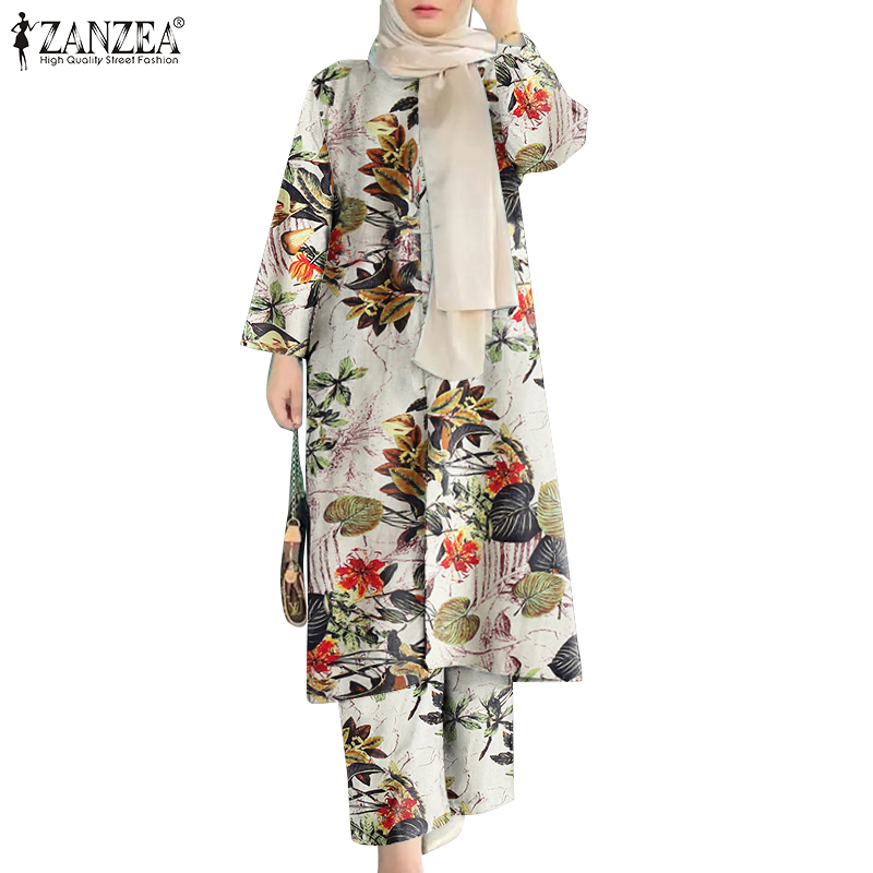 ZANZEA Women Muslim Print Side Slit Long Top + Elastic Waist With Pocket Wide Leg Pants Set