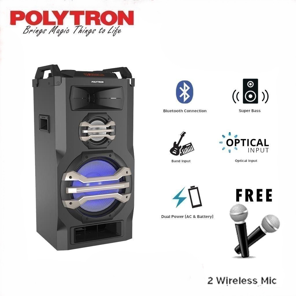 Speaker Portable Bluetooth Polytron PTS 12K15 /-FM FREE 2 MIC WIRELESS