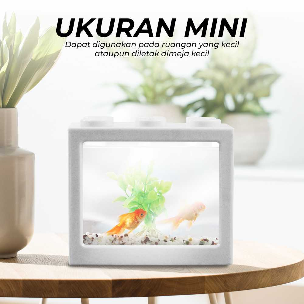 Aquarium Mini Lego Block 4 Windows 12x8x10cm White LED Akuarium Kecil Desain Unik LED Berkualitas