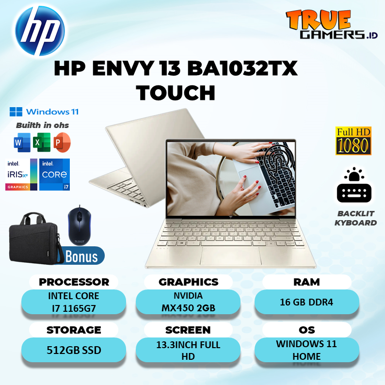 Laptop Hp Envy 13 BA1032TX TOUCH I7 1165G7 16GB 512SSD MX450 2GB W10+OHS 13.3FHD