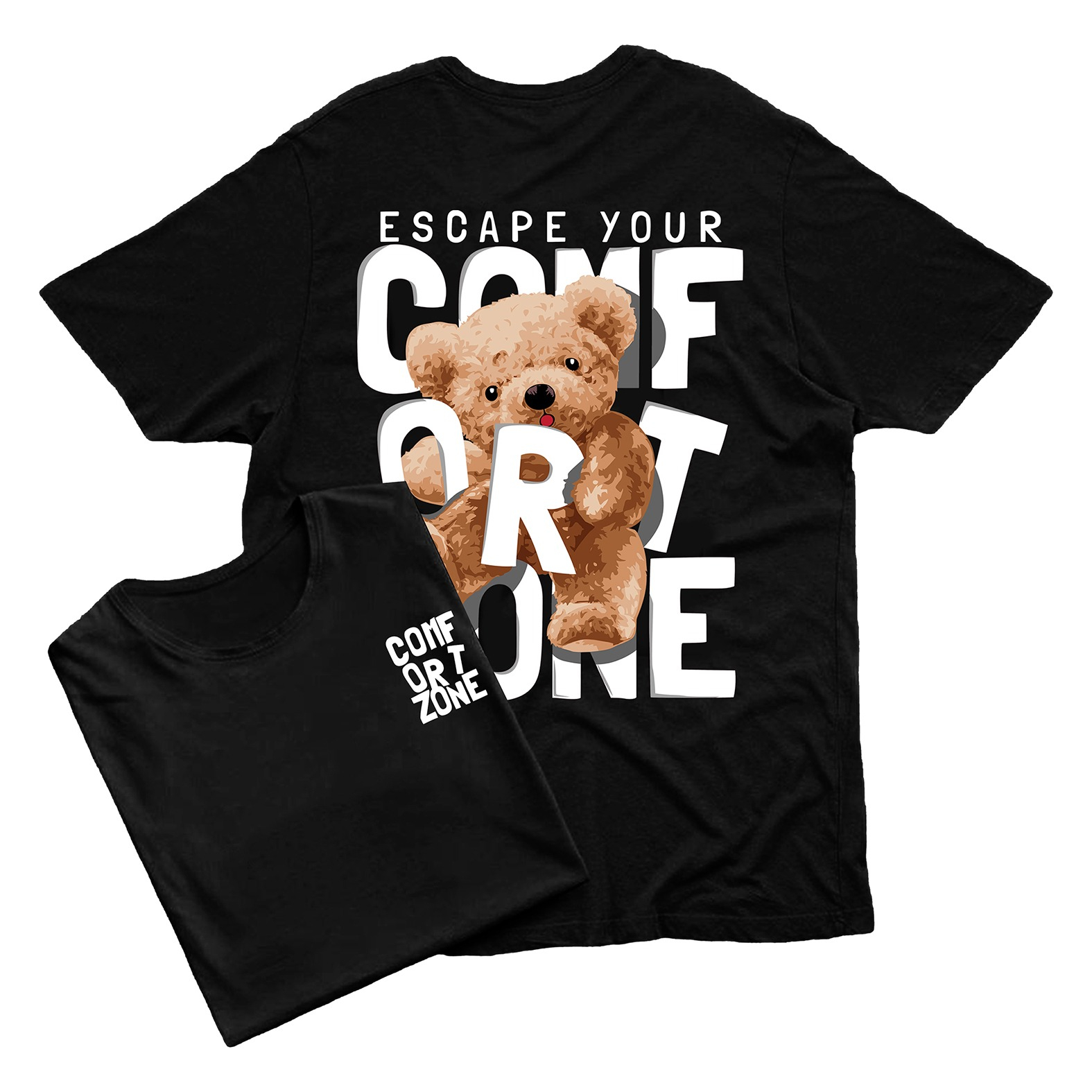 TSHIRT BEAR ESCAPE YOUR CONFORT ZONE CETAK PAKAI MESIN DTF (Digital Transfer Filem) KAOS DISTRO BAJU PRIA WANITA ATASAN SHIRT T-SHIRT Tangan Pendek