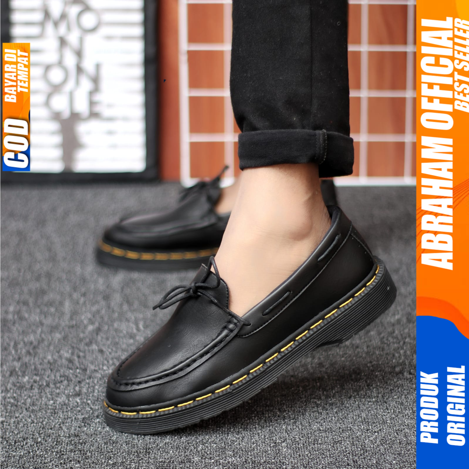 Sepatu Loafers Pria Docmart Pantofel Formal Casual Kulit Kerja Hitam Abraham