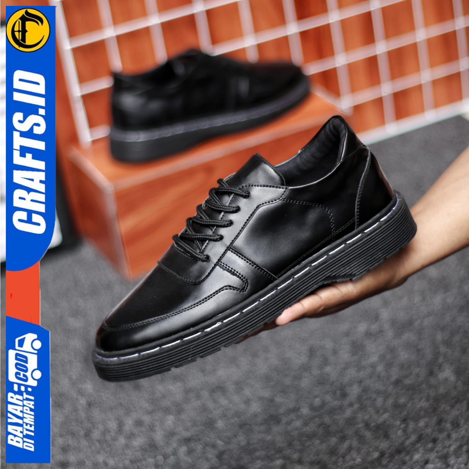 Sepatu Formal Casual Pria Docmart Kerja Hitam Kulit PU Crafs Kiba