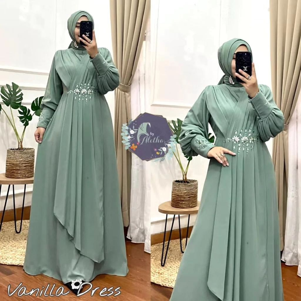 GAMIS WANITA VANILLA DRESS BAHAN CERUTY BABYDOLL MUTIARA BISA UNTUK BUSUI LD 100 - 120 CM PB 138 CM PANJANG TANGAN 56 CM GAMIS WANITA TERBARU 2023 KEKINIAN MAXY DRESS JUMBO FASHION MUSLIM WANITA DRESS WANITA TERBARU