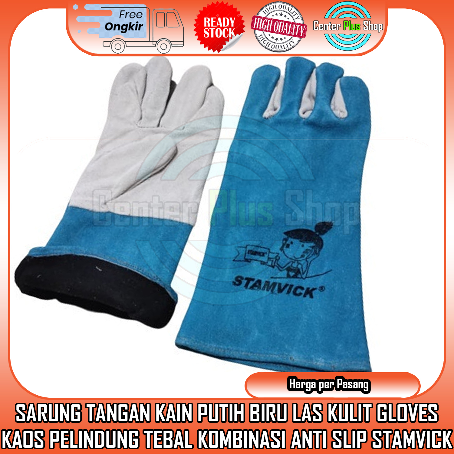 STAMVICK Sarung Tangan Las Kulit Kombinasi Welding Gloves Putih Biru Kaos Pelindung Tebal Glove Hand