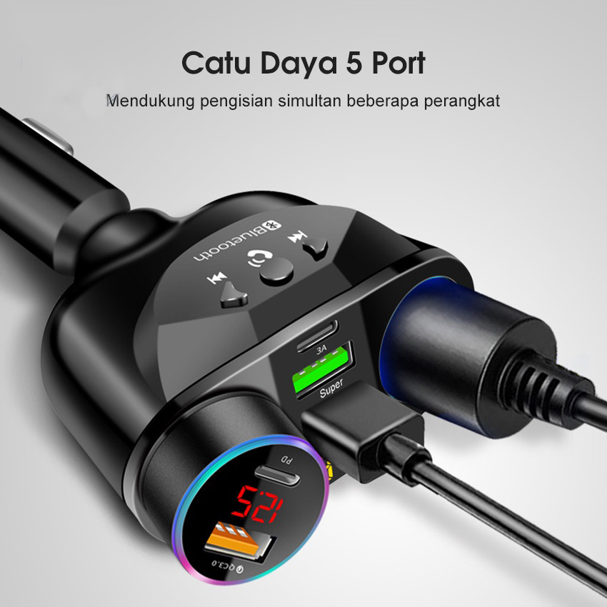 QC3.0 Pengisi Daya Mobil 90W, Pengisian Daya Cepat Dua USB Tipe C 12V 24V Bluetooth 5.0 FM Pemancar Pemutar Musik Adaptor Satu Seret Tiga Ringan dengan Dua Colokan Konversi