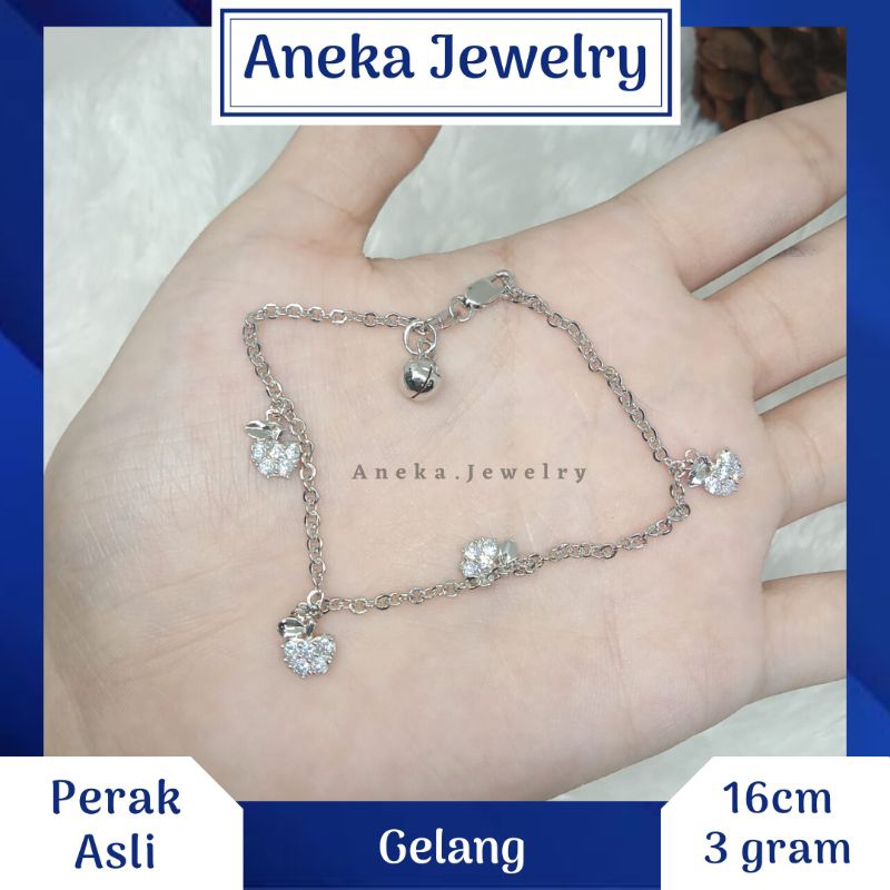 Gelang Holo Gantung Variasi Mata, Perak 925, Sepuh Emas Putih