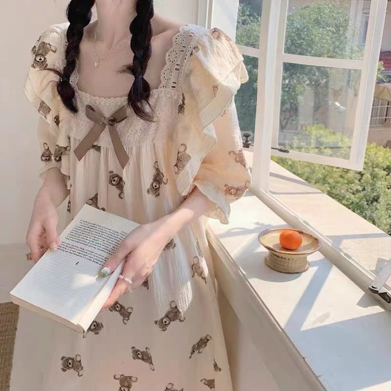 HANNAH DASTER AESTHETIC BAJU TIDUR WANITA PIYAMA IMPORT MOTIF BEAR UKURAN BESAR MODEL KOREA GAUN TID
