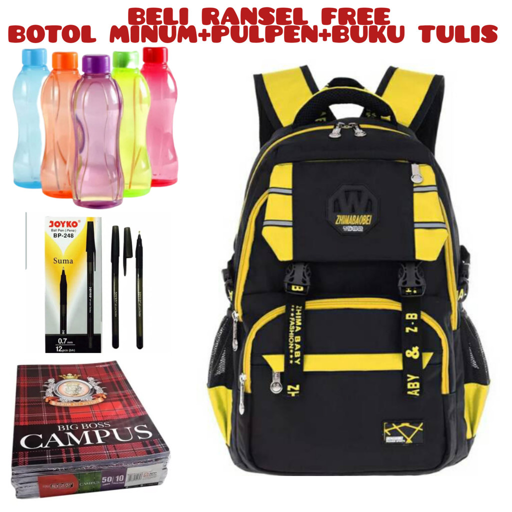 JS_ Beli 1 Dapat 4-Tas Ransel Sekolah Anak Laki-laki/Perempuan Backpack Tas Laptop Acer Unisex Tas Sekolah SD/SMP/KULIAH Beli Ransel Free Botol Minum+Pulpen+Buku Tulis