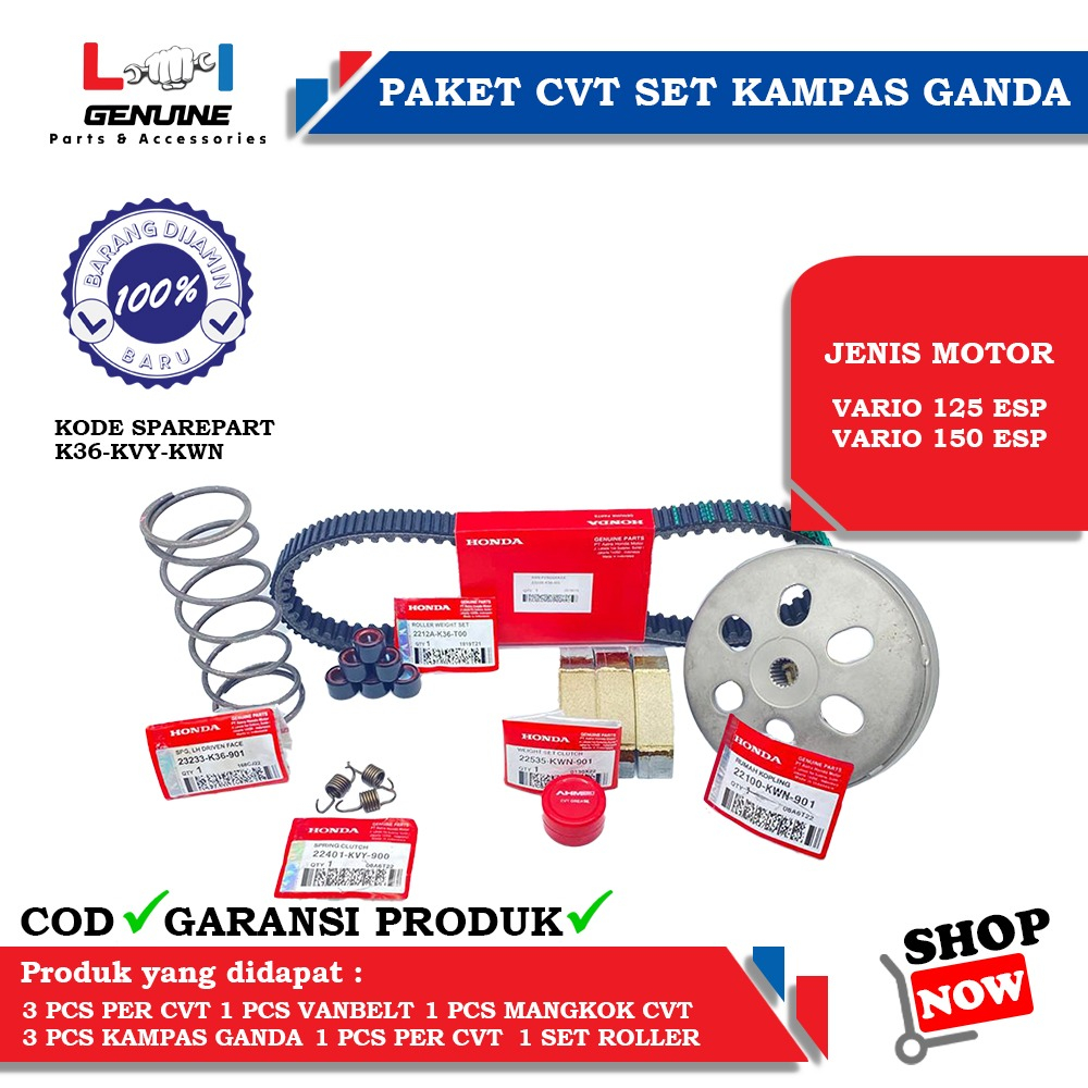 -LOI- PAKET CVT MANGKOK KOPLING SET KAMPAS GANDA &amp; VANBELT SET ROLLER VARIO 125 ESP, VARIO 150 ESP K36