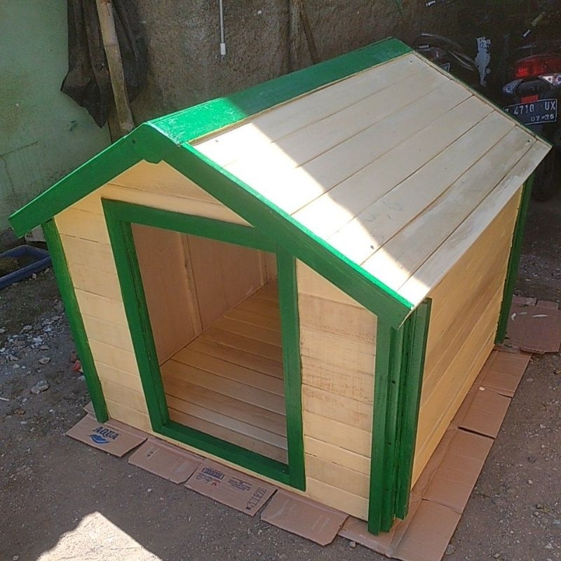 RUMAH ANJING KAYU OUTDOOR KANDANG BESAR JUMBO LIS HIJAU