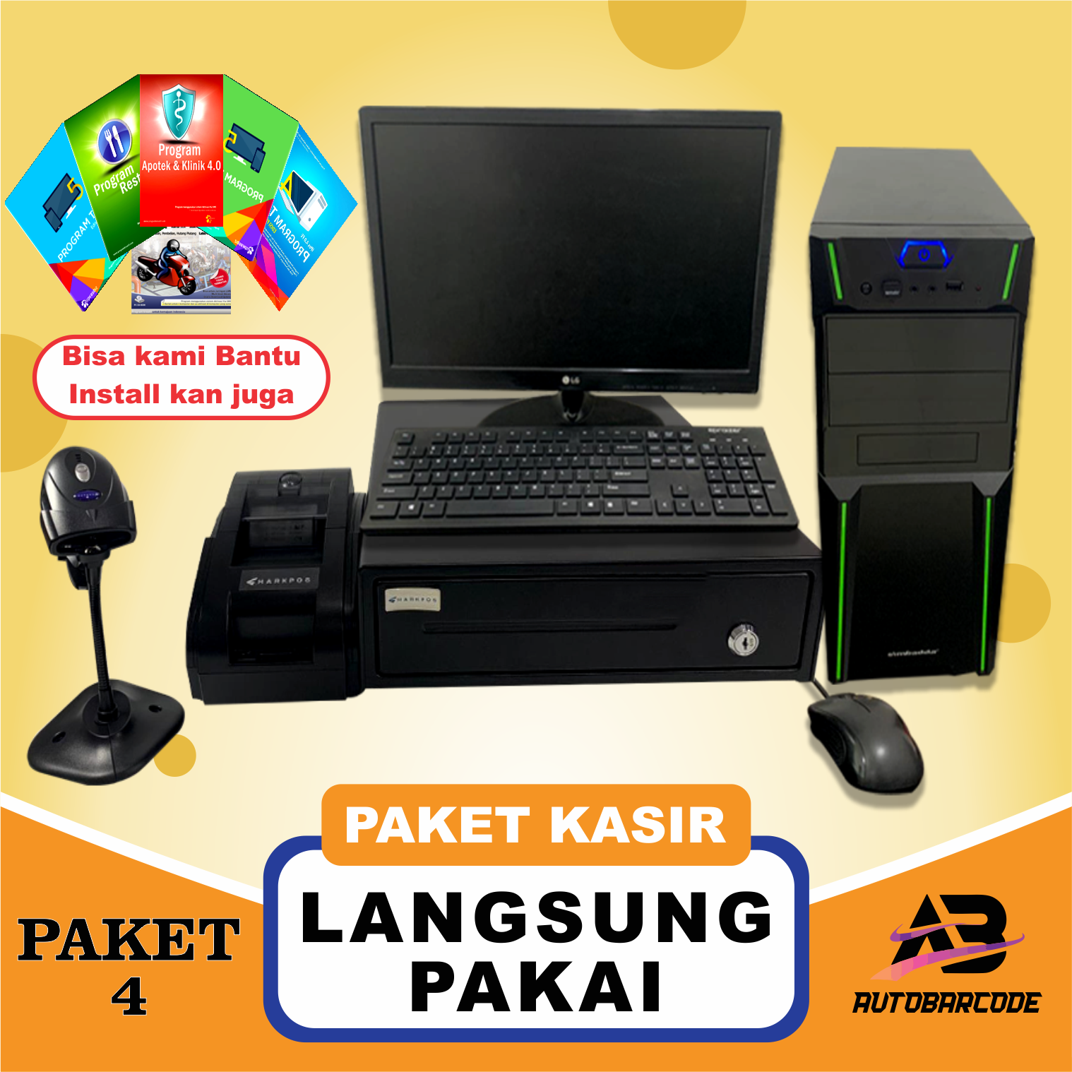 ( PAKET 4 ) Paket Mesin Kasir Resto / Restoran Usaha Bisnis Printer Thermal 58MM + Cash Drawer / Laci Uang + Scanner 1D + Kertas Struk + Program Ipos Paket Komputer Full Set Core i3 + Program Kasir Support USB RJ11