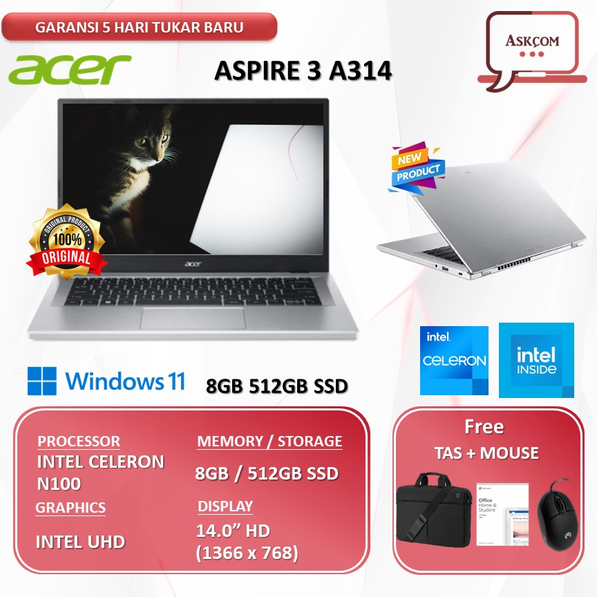 Laptop Acer Aspire 3 A314 N100 8GB 512GB SSD W11+OHS 14.0 36P.C1UW